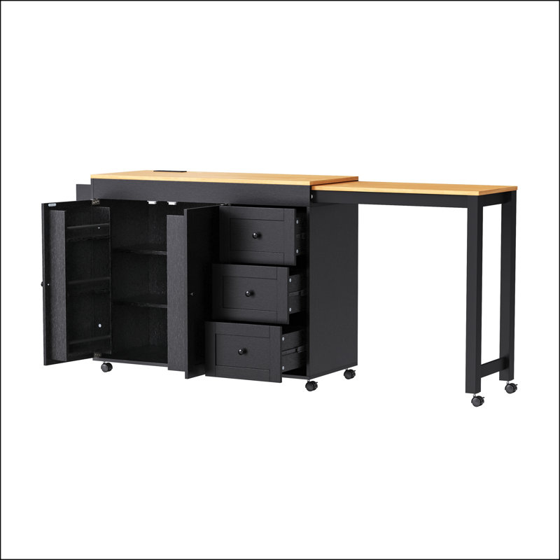 Îlot de cuisine 74,8 po avec table de salle à manger extensible, rangement et prise de courant, Black