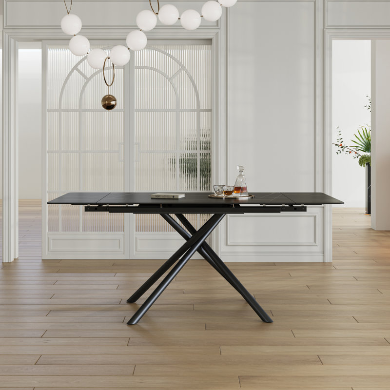 Table de salle à manger rétractable en pierre frittée, de conception rectangulaire moderne, avec des pieds en acier au carbone noir au bas, 83 pouces convenant à 6 à 8 sièges (noir)