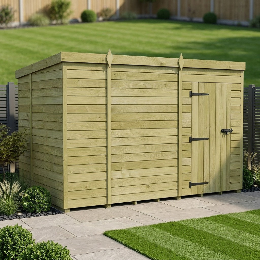 Total Sheds 11ft x 6ft Pent Garden Shed - Single Door - No Windows - Pressure Treated Timber - UK Manufactured