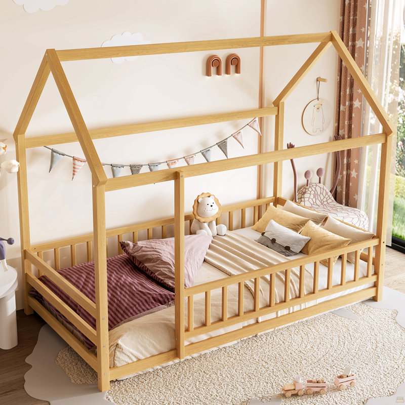 Twin Size Floor Wooden Bed With House Roof Frame, Fence Guardrails, Twin, Natural