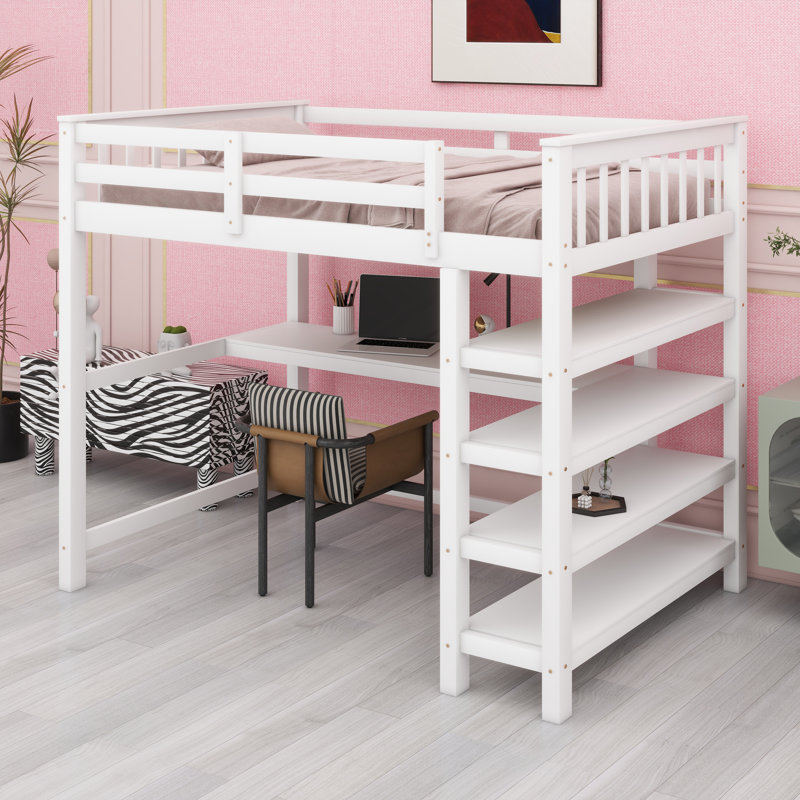Lit mezzanine avec tablettes de rangement intégrées et bureau sous le lit, Blanc