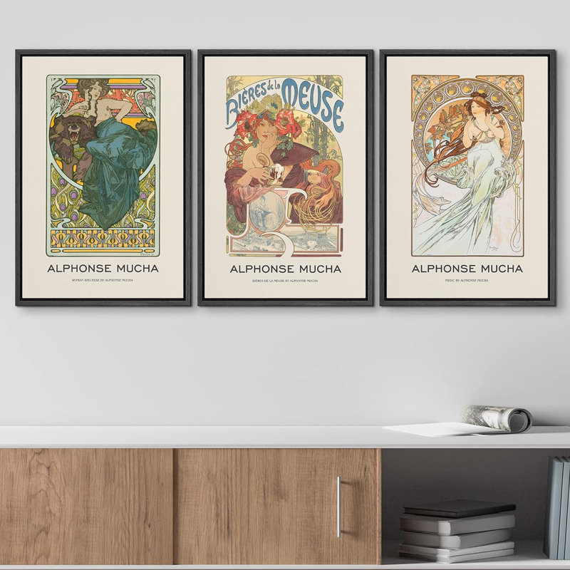 Œuvre classique, motif de fleurs d'Alphonse Mucha, femmes, 3 pièces, H 24 po x l 16 po x P 1,5 po, Cadre en plastique noir