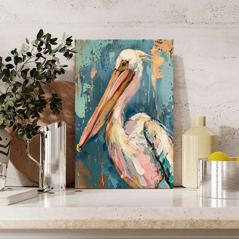 Impressionniste pélican, impression sur toile tendue 24 po x 36 po