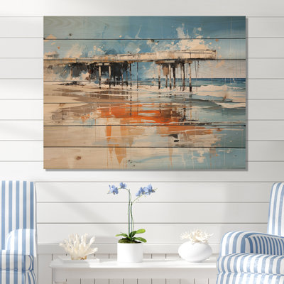 «Modern Watercolor Pier Horizon I», art mural sur bois de pin côtier sur bois de pin naturel