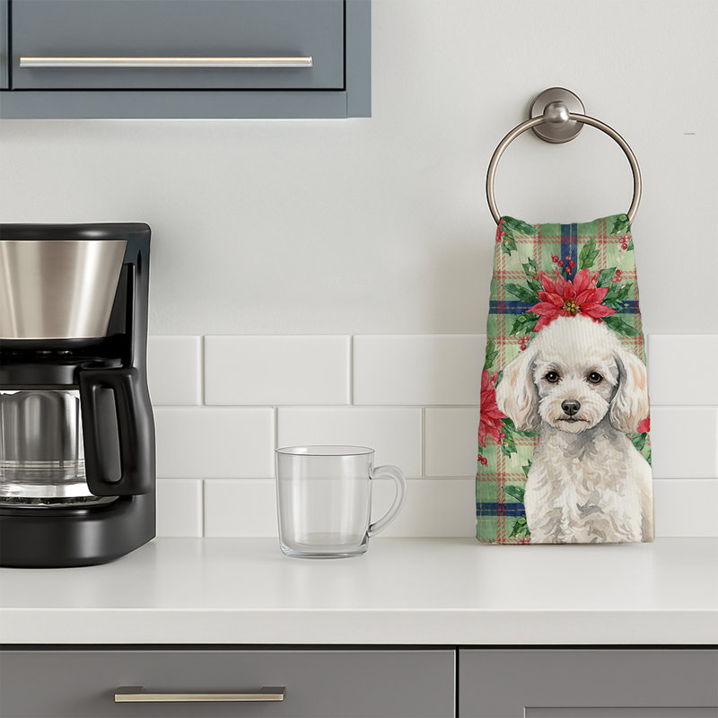 Miniature White Poodle Christmas PoinsettIas Kitchen Towel, Miniature White Poodle