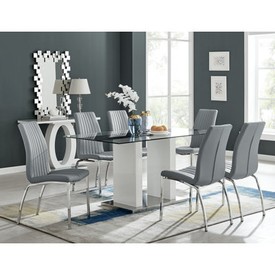 Ransart Modern Luxury Glass & Metal Dining Table Set With 6 Soft Touch Faux Leather Dining Chairs