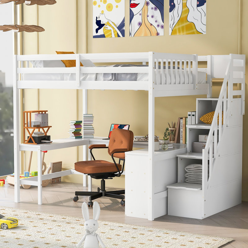 White Full Size Loft Bed With L-Shaped Desk, Storage Shelves And Attached Staircase - Streamlined Design Built-In Desk Storage, Three Shelves, Practical Living