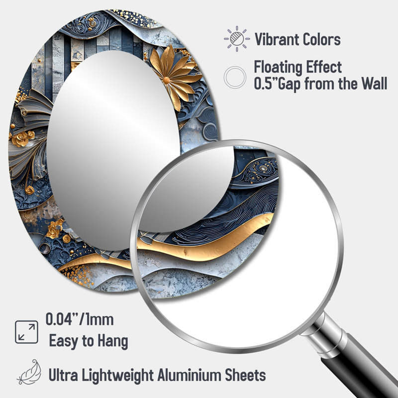 Blue And Grey Coastal Abstract Tiles III - Abstract Oval Decorative Mirror On Metal, 40" x 30"