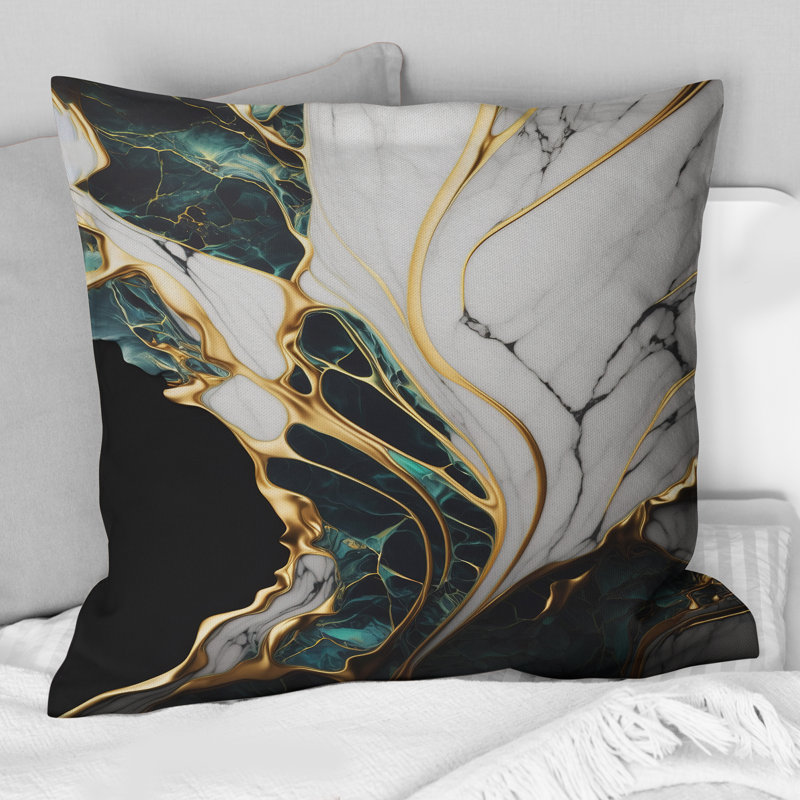 Abstract Geode Gold And Green Marble III - Abstract Marble Printed Pillow, 18" x 18"
