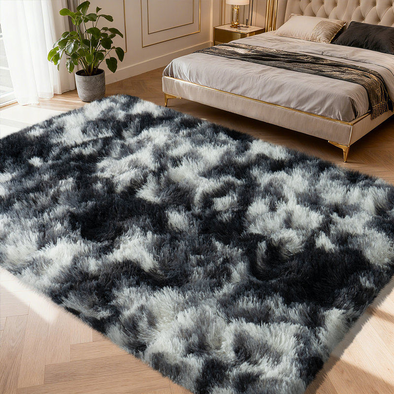 8x10 ft Tie-dyed Black White Shag Rug, Ideal for living room decor, Ultra-Soft Puffy Fluffy Rug for Bedroom Flooring, Aesthetic Carpets Suitable for Kids' Rooms, Dorms, and Home Decor