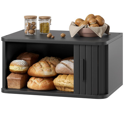 Roll Top Bread Box for Kitchen Countertop, Bamboo Bread Storage, Airtight Bread Containers, Large Bread Bin with Sliding Door for Loaves, Bagels, Countertop Storage Cabinet, (Black)