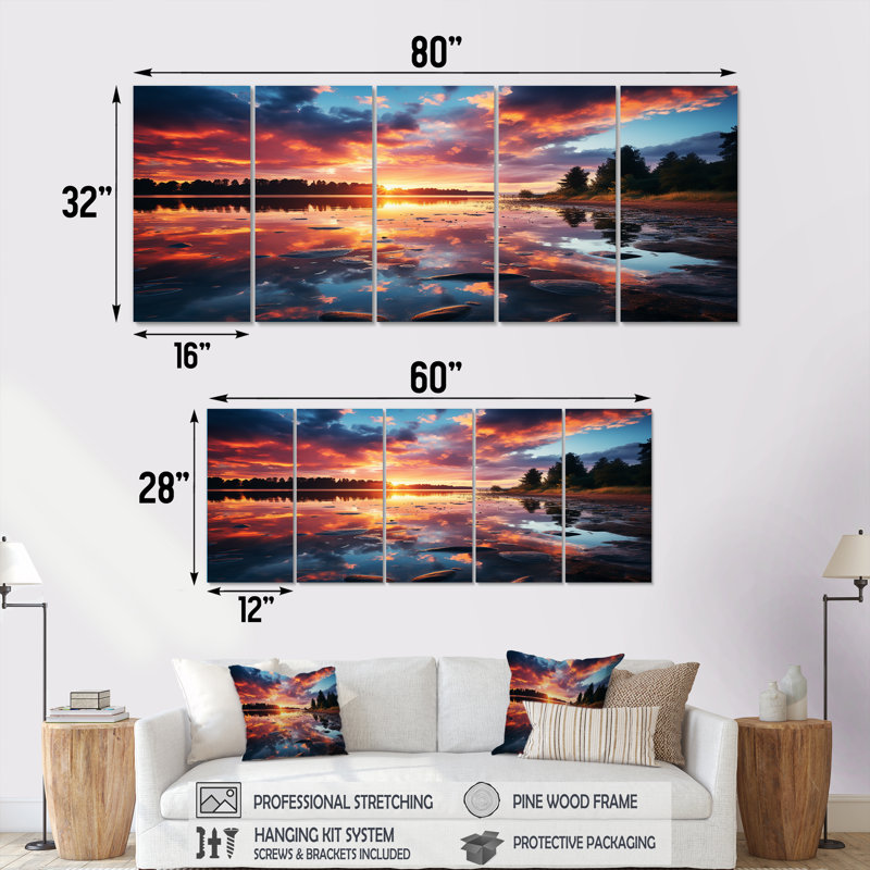 «Horizon Sunset By The Lake I - Lake», art mural 5 pièces, H 32 po x l 80 po