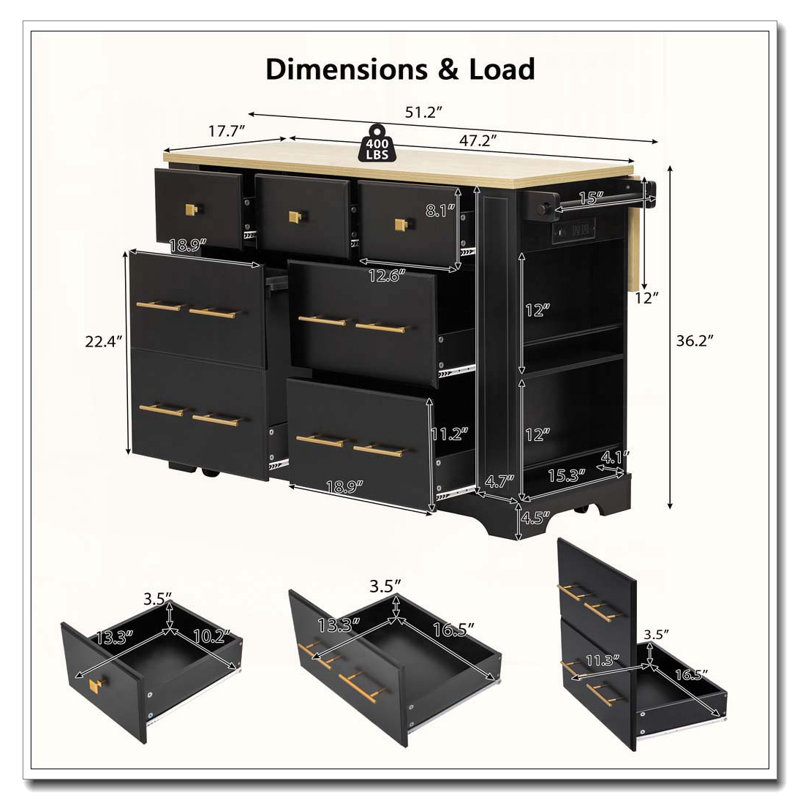 51.2" Kitchen Island with 6 Drawers and Pull-Out Trash Can, Black