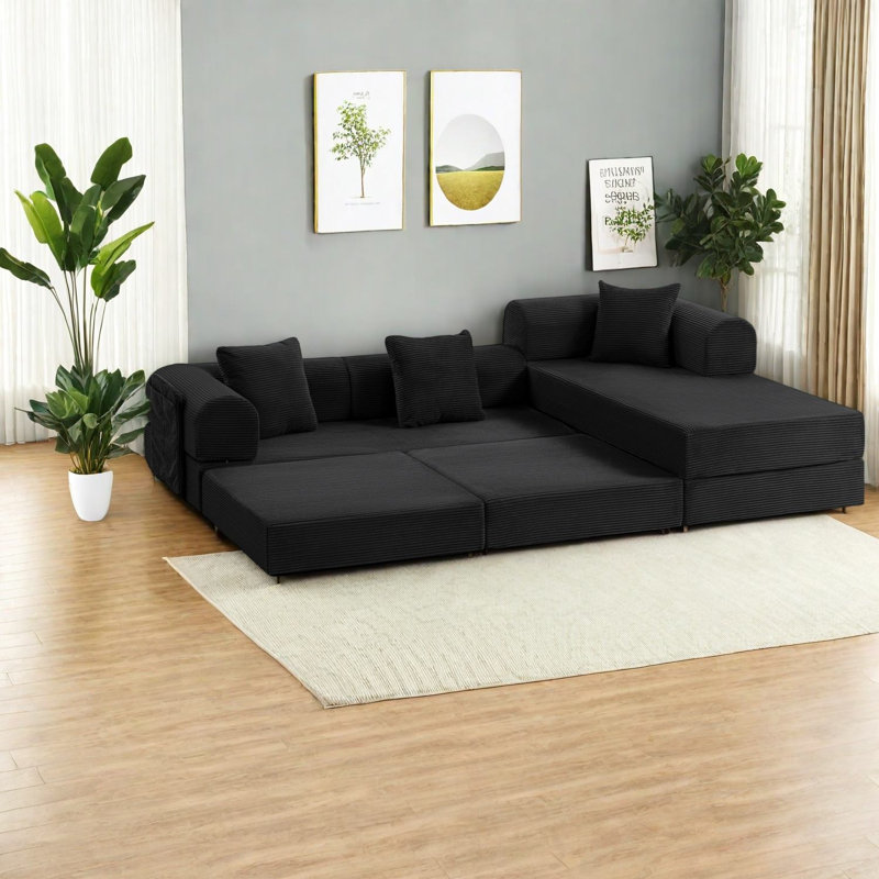 Canapé d'angle à compression, structure en métal et velours côtelé de 272 cm (107 po), style moderne.