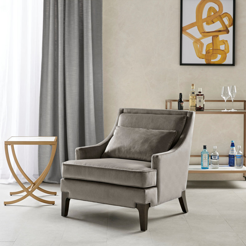 Perry Street Anna Arm Accent 31" Wide Velvet Upholstered Accent Armchair with Lumbar Pillow & Solid Wood Legs, Light Gray