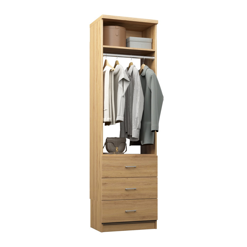 Natural Oak 19.5" Floor-Mounted Closet Section with 1 Clothing Rod, 1 Shelf & 3 Slab Drawers, 19.5, Natural Oak