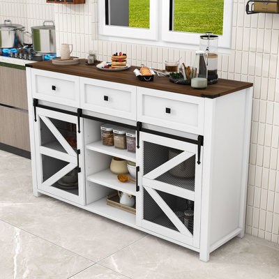 Farmhouse Sliding Barn Door Sideboard Buffet Cabinet with Adjustable Shelves, Drawers and Metal Accents