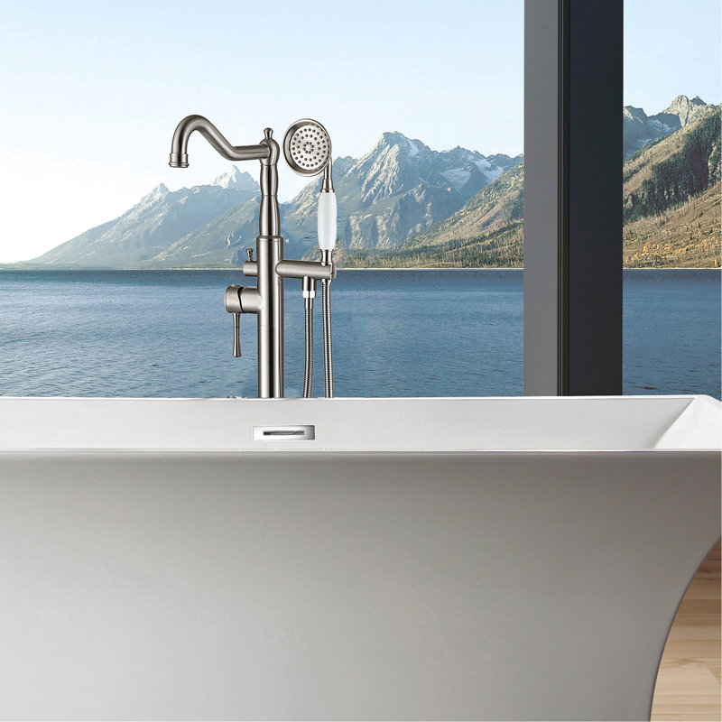 Modern Bathroom Bathtub Faucet With Hand Shower - Brushed Nickel, 12.83 Lb Elegant Fixture Freestanding Tub Metal, 6.5 In. Width Full Spray