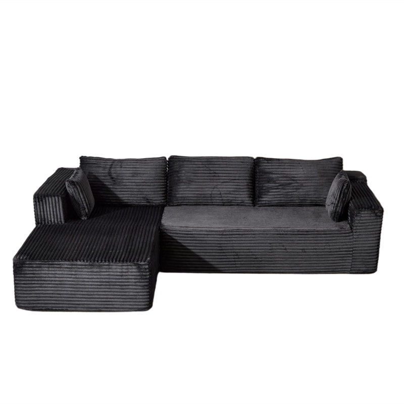 Boneless Modular Corduroy L-Shaped Sectional Sofa with Minimalist Design, Black Corduroy