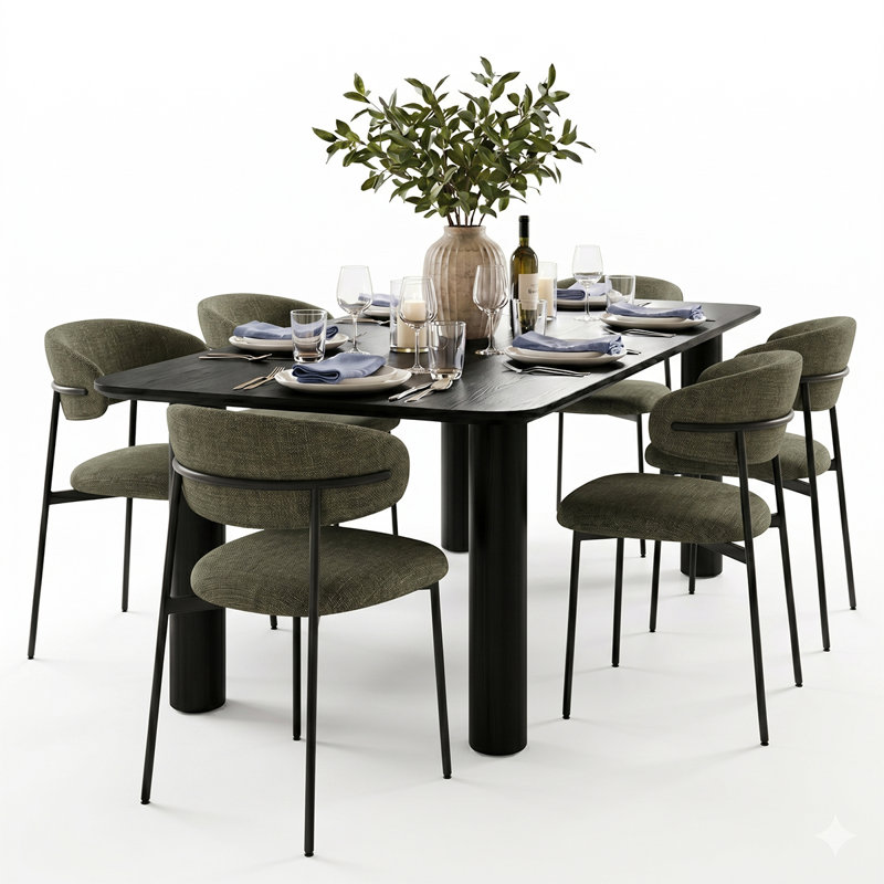 Modern 7-Piece Dining Set With Rectangular Wood Table And Upholstered Curved Back Chairs, Green