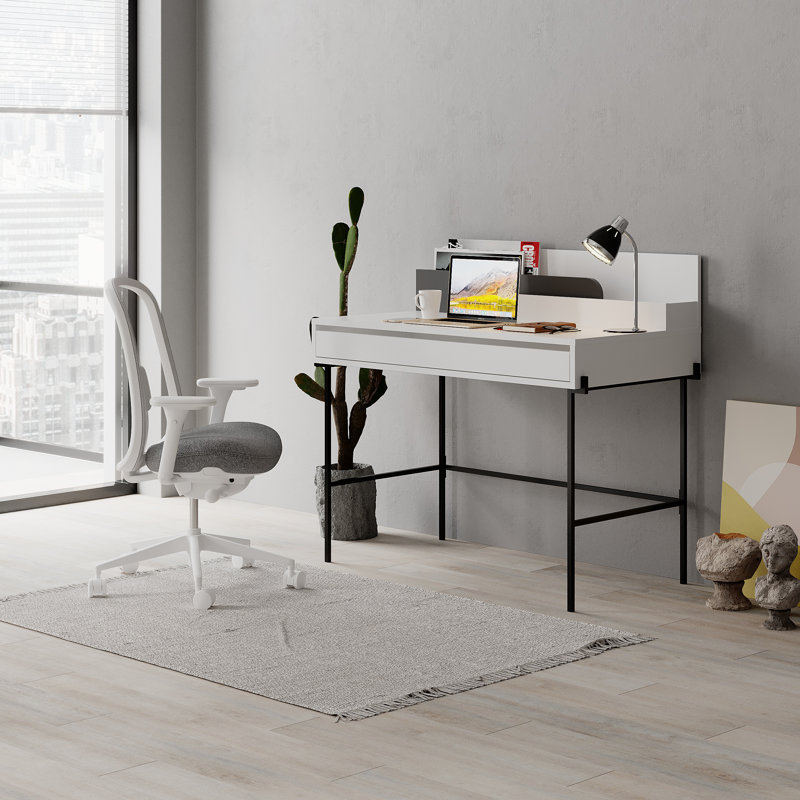 Demileigh Modern Office Desk with Storage Compartments and Metal Legs, White/Anthracite