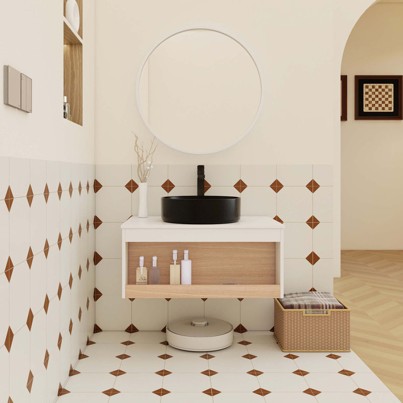 Meuble-lavabo flottant peu encombrant avec lavabo vasque noir mat et rangement ouvert, 30"