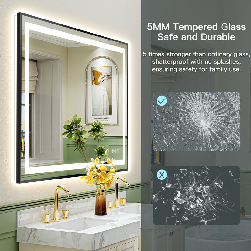 Matte Black Matel Framed LED Bathroom Mirror with Front-lit and Back-lit, Memory Function, 3 Color Temperatures & Dimmable Light, Anti-fog Tempered Glass
