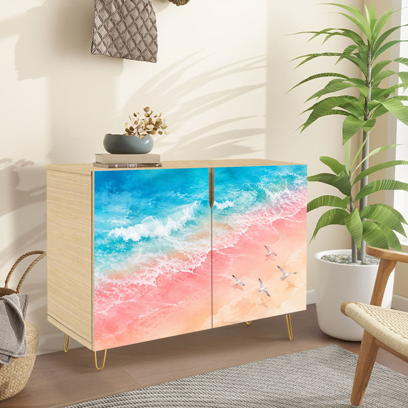 Buffet étroit de 35,4 po de largeur - armoire de rangement d'appoint à 2 portes avec imprimé de mouettes et pieds en métal