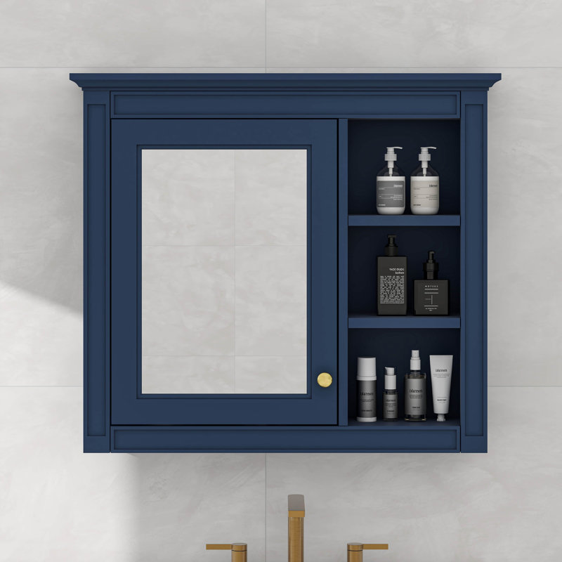 Pharmacie avec porte miroir et tablettes réglables, Bleu