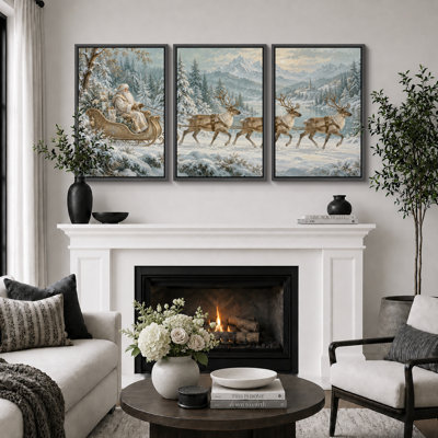 Christmas Holiday Celebration " Santa Claus Reindeer Winter Christmas Landscape Artwork, Living Room Pictures, Framed Canvas Giclee Print 3 Pieces Wall Art - 16"x24"x3pcs, 24"x36"x3pcs " Print