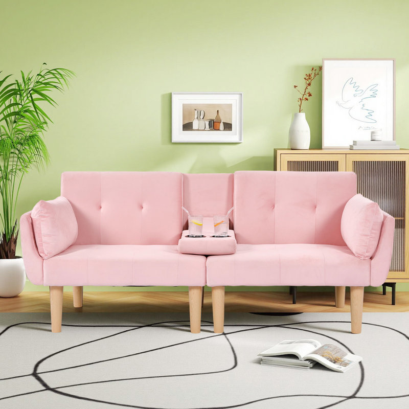 72" Foldable Pink Velvet Double Sofa, Space-Saving