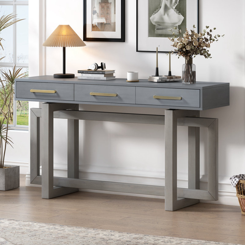 Console en bois avec trois tiroirs, Gris antique