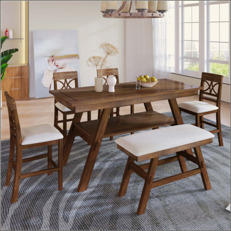 Ensemble de table de salle à manger 6 pièces à hauteur de comptoir en bois avec tablette de rangement, ensemble de table de cuisine avec banc et 4 chaises, style rustique