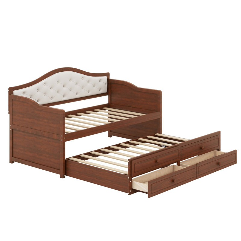 Modern Wooden Daybed with Trundle, Storage Drawers & Upholstered Button Tufted Backrest, Walnut