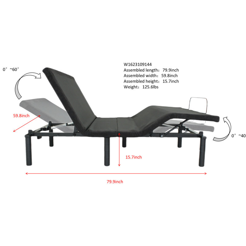 Grand lit ajustable électrique, télécommande, pliable, tête, base de lit avec barre de retenue pour matelas. Conception pliable. Tête indépendante (0 à 60 °) et pied à 40 ° réglable. Structure en acier, stable. Pieds,