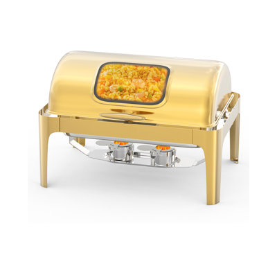 Professional 9QT Gold Plated Stainless Steel Roll Top Chafing Dish - Full Size Food Warmer Server - Visible Lid, 90°/180° Opening, Water Pan, Stand, Fuel Holder - Commercial Catering - 9L gold plated
