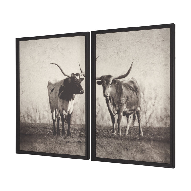 Texas Longhorns (lot de 2) par Debra Van Swearingen, reproduction d'art encadrée à la main