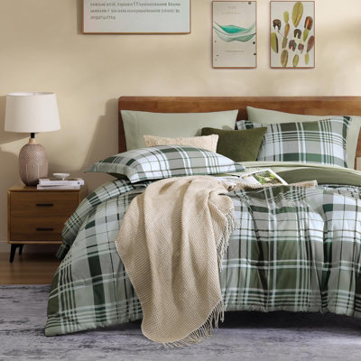 Ensemble d'édredon pour grand lit écossais MaiRêve vert olive, ensemble de literie de style campagnard classique 7 pièces, ensemble d'édredon léger toutes saisons avec drap-housse, taies d'oreiller et taies décoratives