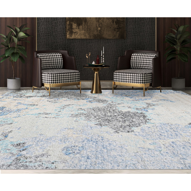 Tapis ivoire / bleu noué à la main de haute qualité, Rectangle 8 pi x 10 pi