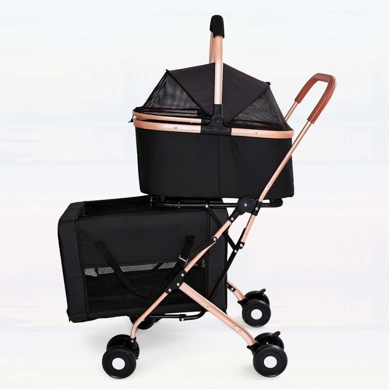 Poussette double pour chiens et chats, cadre pliable, sac de transport convertible 3-en-1, roues antichoc, système de frein, laisses de sécurité fixes pour animaux de compagnie de petite et moyenne taille dans les maisons multi-animaux