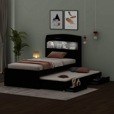 Lit plateforme Vetri avec tête de lit à DEL avec rangement, station de charge, lit gigogne simple et 2 tiroirs
