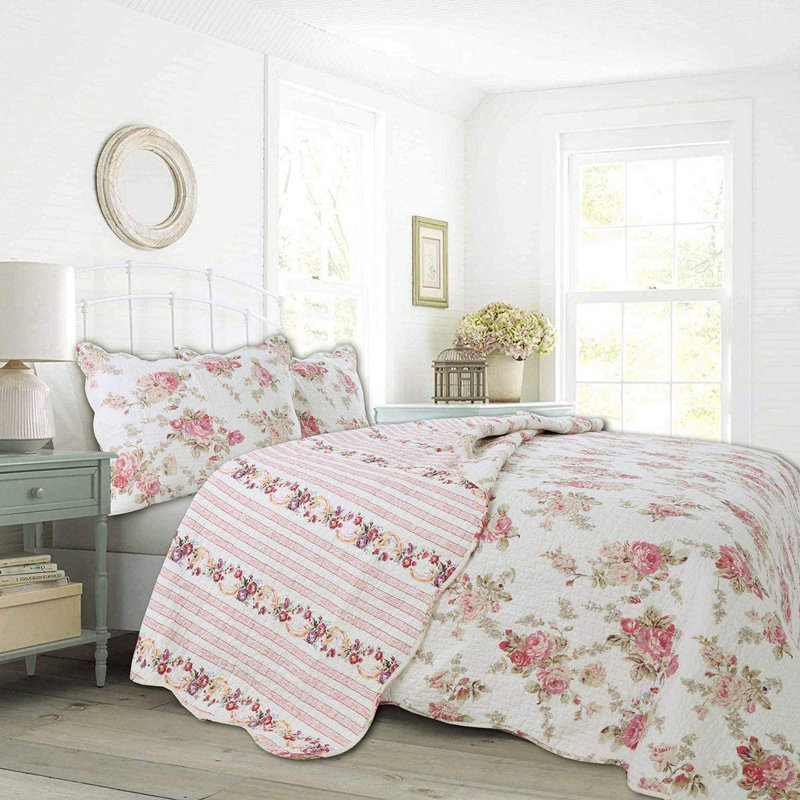 Cotton Floral Quilt, Queen Quilt + 2 Standard Shams