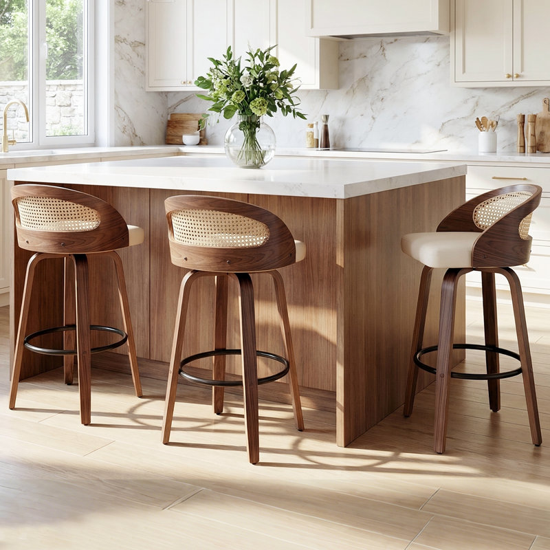 Swivel Upholstered Counter Stool with Solid Wood Frame, Beige Faux Leather, Bar Stool (76.2cm Seat Height)
