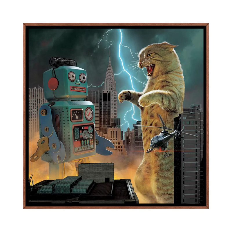 Catzilla Vs Robot 1 Piece Wall Art on Canvas, 93.98 cm H x 93.98 cm W, Classic Brown Wood Framed