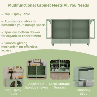 Buffet en verre arqué, 2 tiroirs et 4 portes en verre, armoire de présentation avec tablettes réglables, armoire de cuisine moderne pour le vestibule du salon