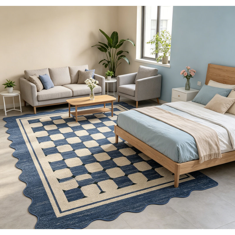 Jute Area Rug Modern Checkered Rug Washable Scalloped Area Rugs Non-Slip Carpet for Living Room Bedroom Dining Room Kitchen Porch Entryway