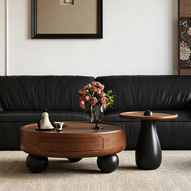 Walnut Solid + Manufactured Wood Round Coffee Table Sets, 19.69" H x 45.28" W x 31.5" D