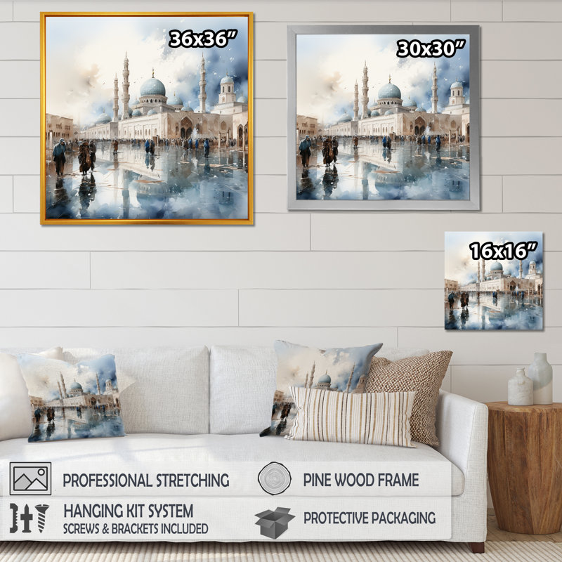 «Mosquée blanche et bleue», art mural, H 36 po x l 36 po x P 1,5 po, Cadre flottant doré