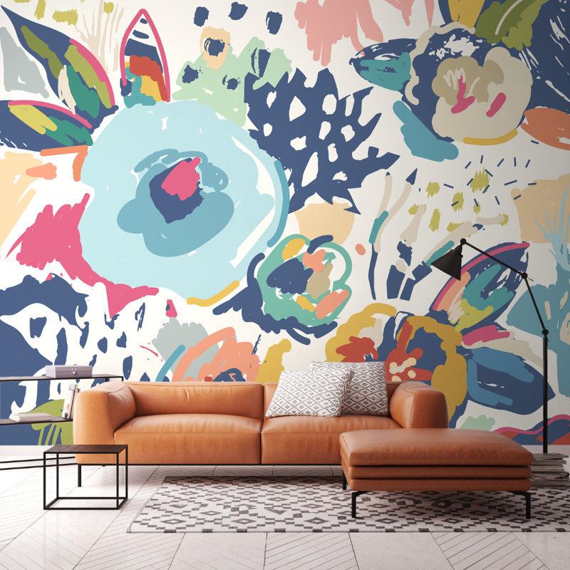 Abstract Floral - Raspberry Wall Mural, Navy Blue, 240cm L x 300cm W 