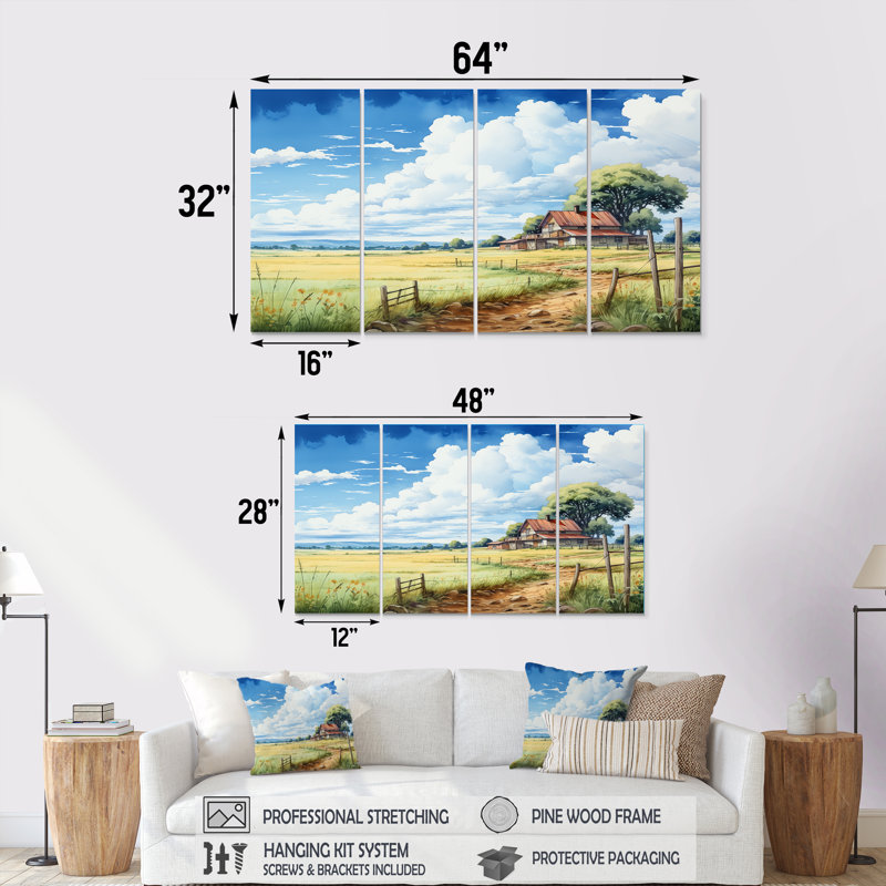 Herbe verte à côté de la maison de campagne - ensemble d'art mural paysage 4 pièces, H 28 po x l 48 po